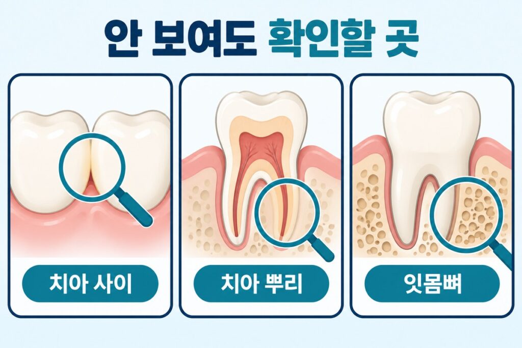 치과 엑스레이로 살피는 부위를 안 보여도 확인할 곳이라는 제목 아래 치아 사이, 치아 뿌리, 잇몸뼈로 나누어 보여 주는 도식입니다.