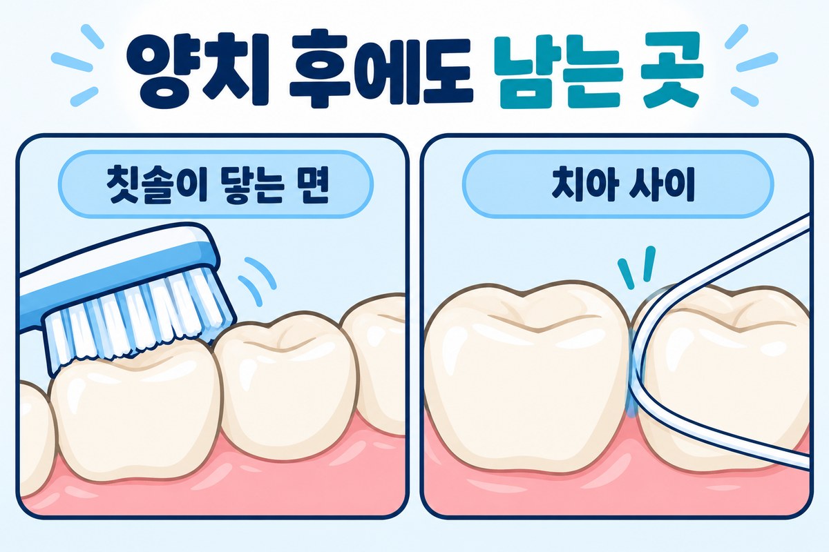 치실이 필요한 치아 사이를 양치 후에도 남는 곳이라는 제목 아래 칫솔이 닿는 면과 비교한 도식입니다.