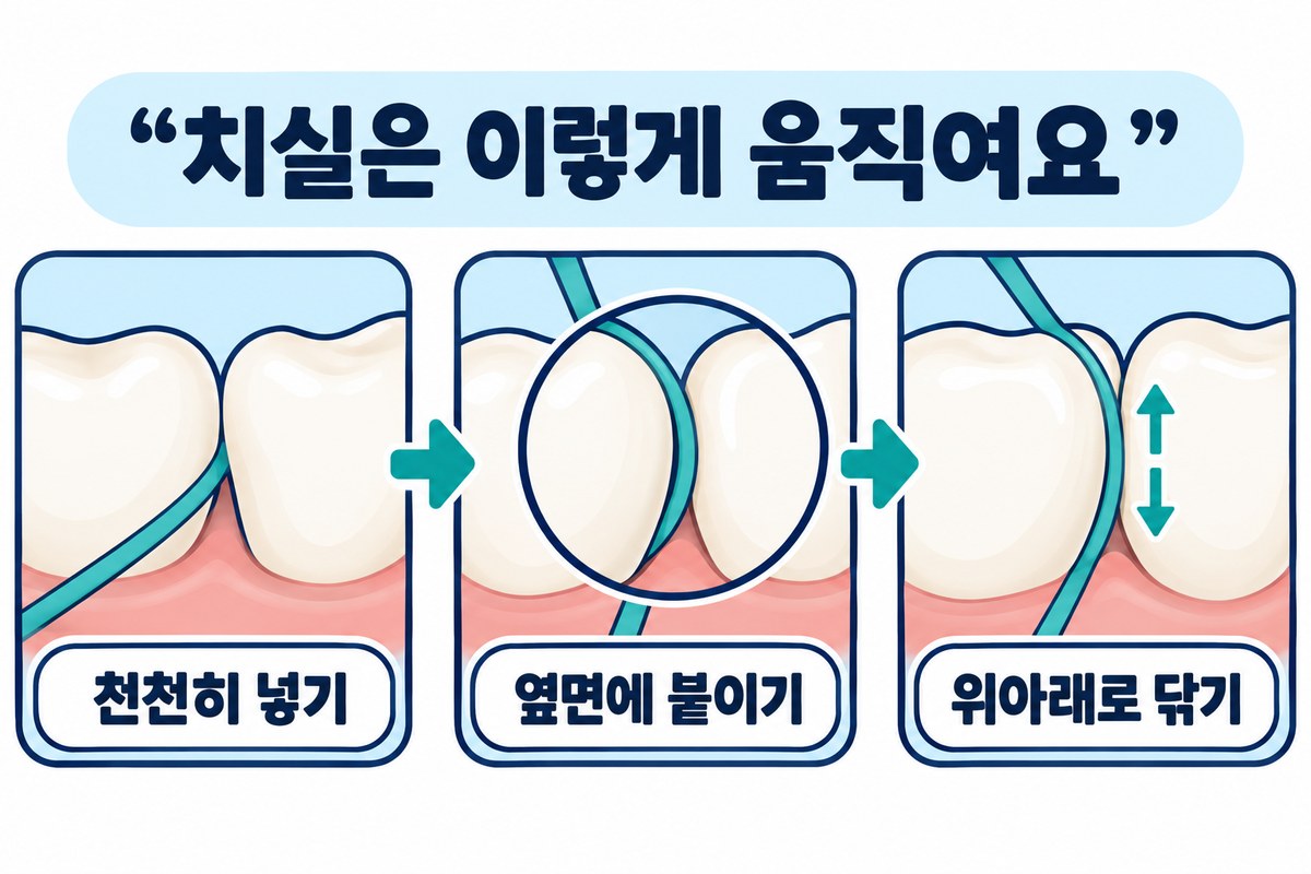 치실은 이렇게 움직여요라는 제목 아래 천천히 넣고 옆면에 붙여 위아래로 닦는 동작을 설명한 도식입니다.
