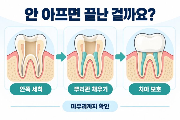 오산 신경치료의 세척·충전·치아 보호 과정을 안 아프면 끝난 걸까요?라는 질문과 함께 보여 주는 도식입니다.