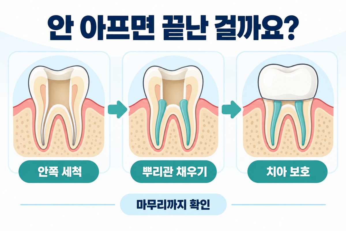 오산 신경치료의 세척·충전·치아 보호 과정을 안 아프면 끝난 걸까요?라는 질문과 함께 보여 주는 도식입니다.