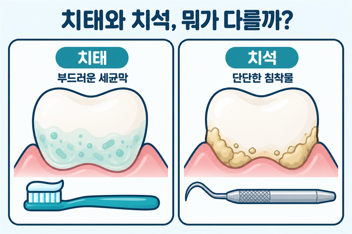 오산 스케일링 안내를 위한 치태와 치석, 뭐가 다를까?라는 제목의 도식으로 부드러운 세균막과 단단한 침착물을 비교합니다.