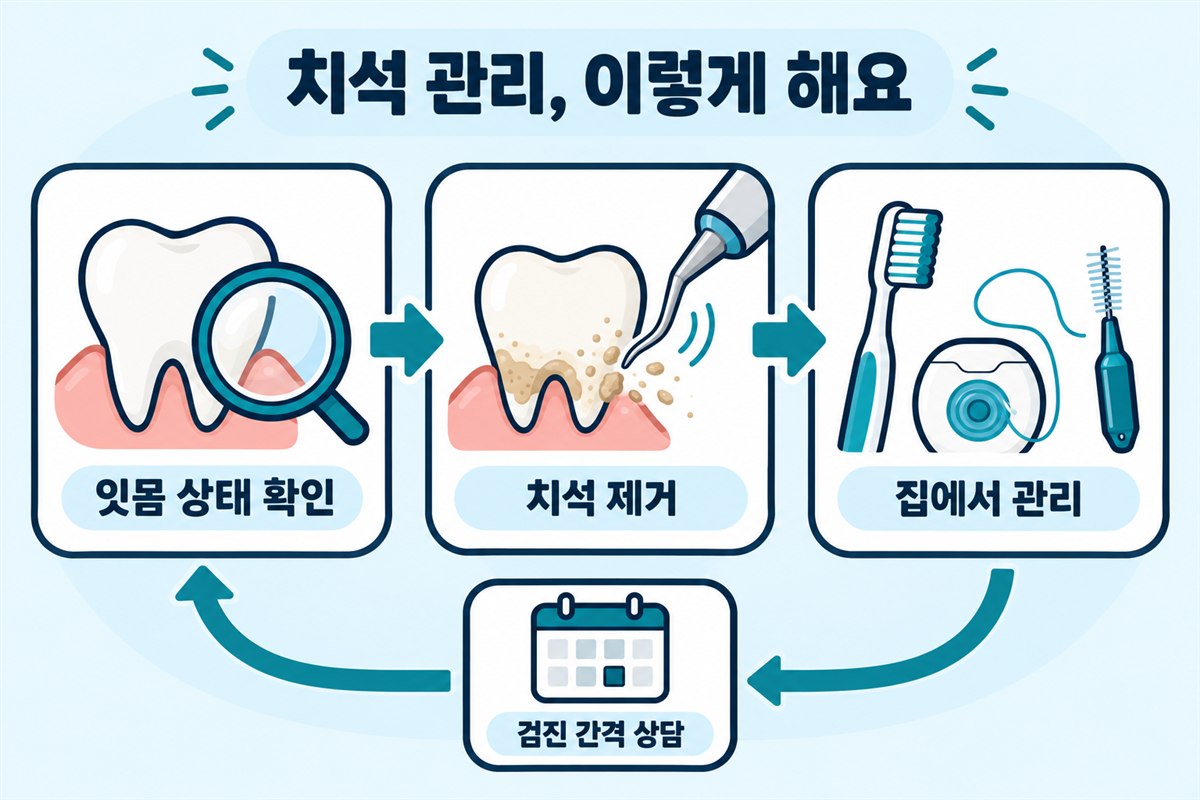 치석 관리, 이렇게 해요라는 제목 아래 잇몸 상태 확인과 치석 제거 및 집에서 관리하는 과정을 보여 주는 도식입니다.