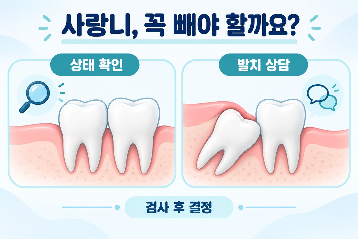 오산사랑니의 발치 판단을 설명하는 사랑니, 꼭 빼야 할까요? 도식입니다.
