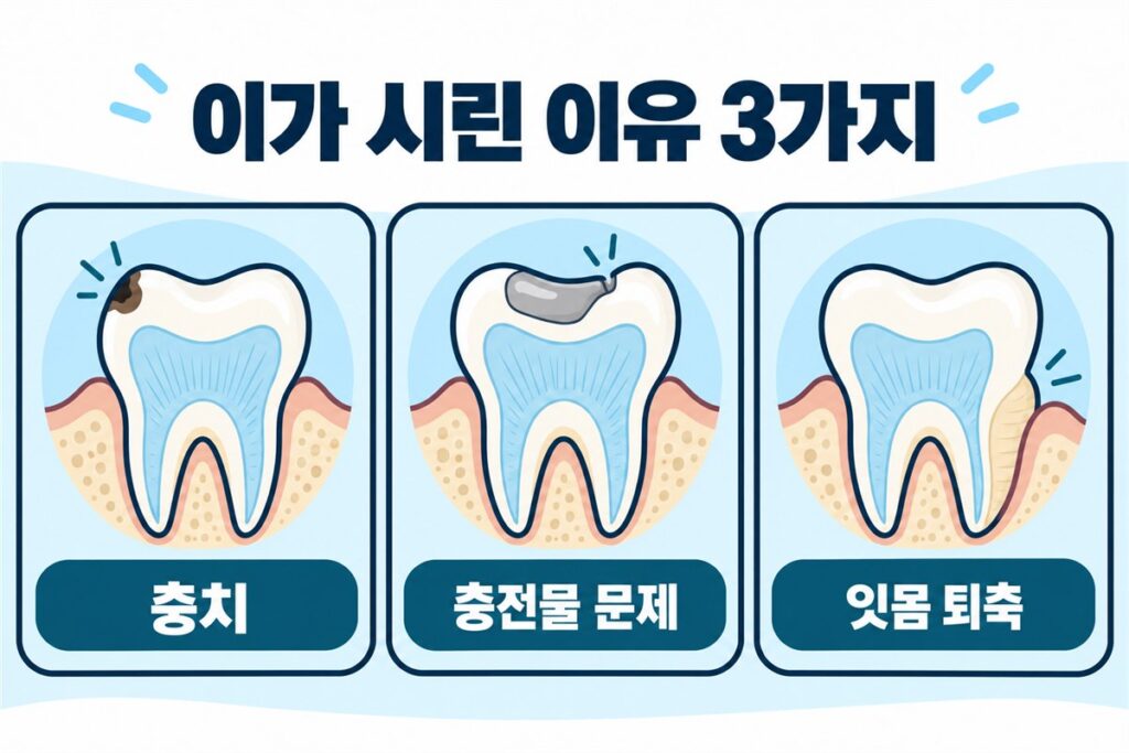 이가 시린 이유 3가지를 충치, 충전물 문제, 잇몸 퇴축의 치아 단면으로 보여 주는 도식입니다.