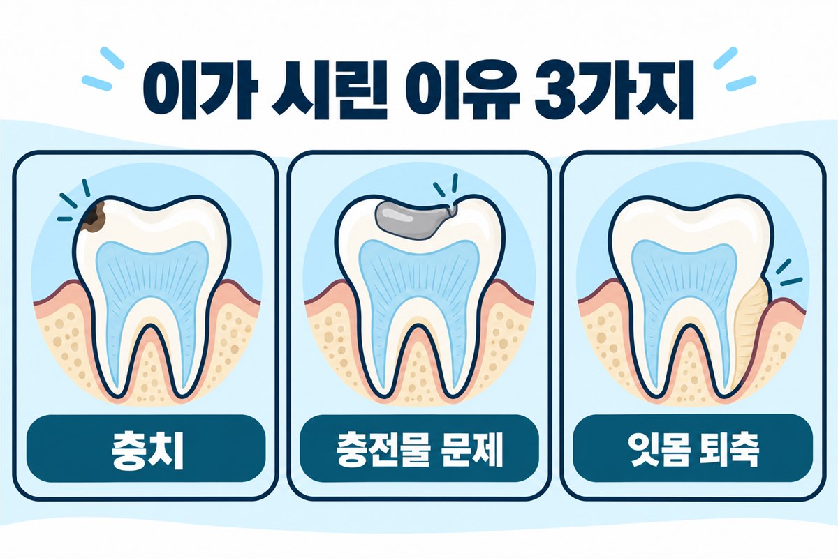 이가 시린 이유 3가지를 충치, 충전물 문제, 잇몸 퇴축의 치아 단면으로 보여 주는 도식입니다.
