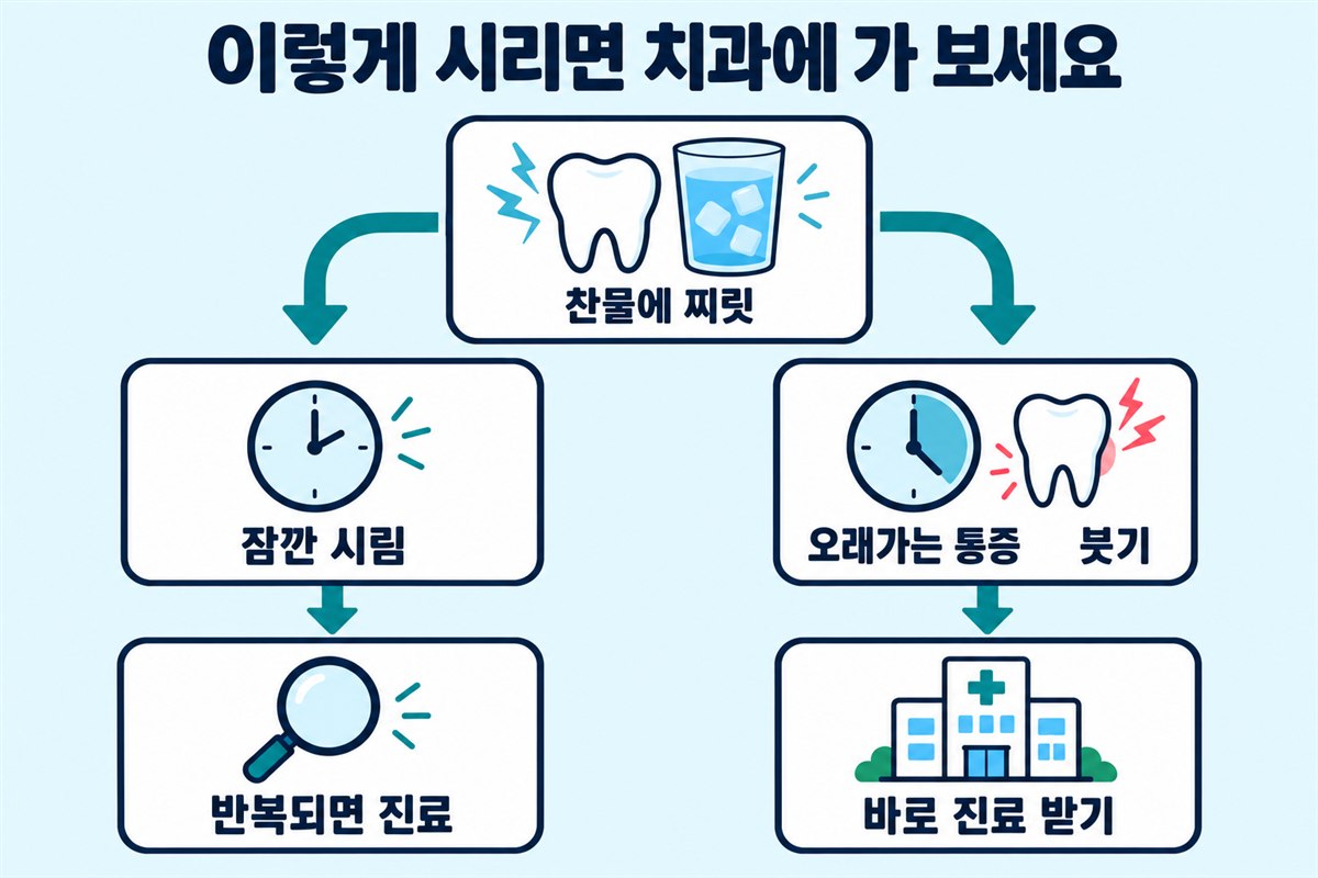 이렇게 시리면 치과에 가 보세요라는 제목 아래 통증과 붓기에 따른 진료 행동을 보여 주는 흐름도입니다.
